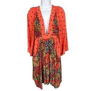 Free People Talulla Printed 3/4 Sleeve Deep V-Neck Mini Dress Women’s Size M